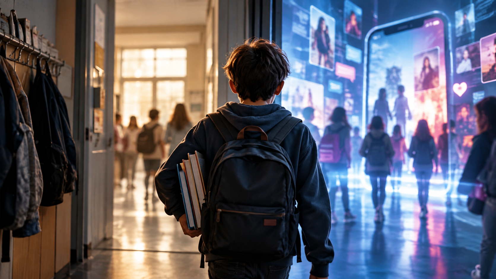 Studente con zaino tra ambiente scolastico e spazio digitale con smartphone e social