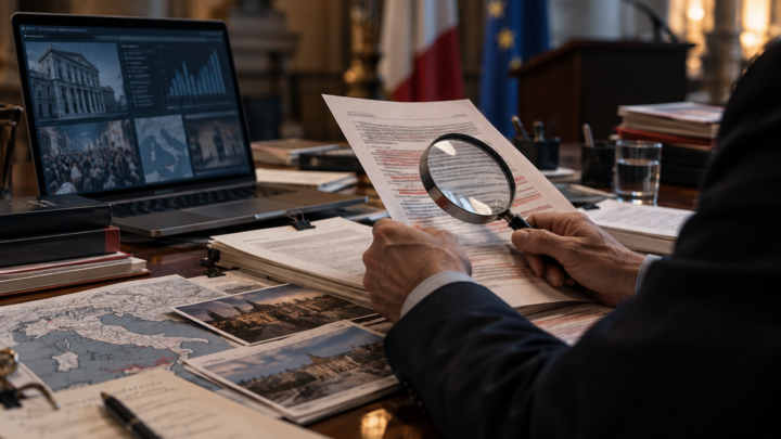 Documenti analizzati con una lente, davanti a uno schermo di dati in un contesto istituzionale