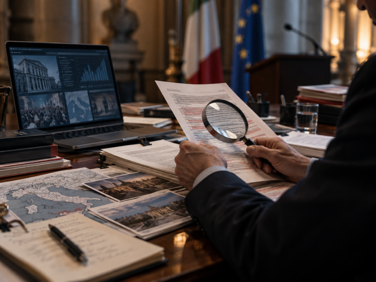 Documenti analizzati con una lente, davanti a uno schermo di dati in un contesto istituzionale
