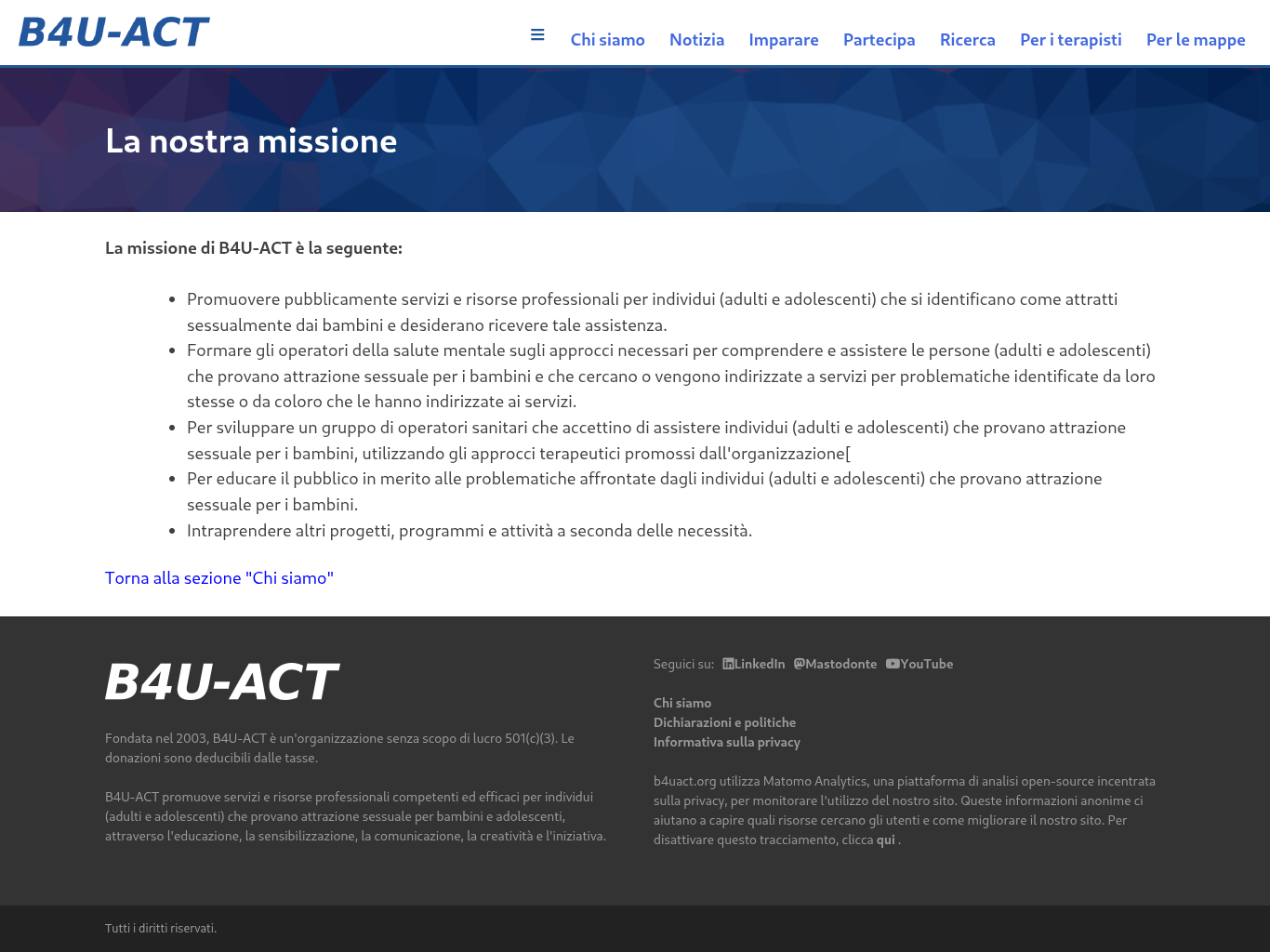 Pagina ufficiale B4U-ACT: la nostra missione e gli obiettivi dichiarati.