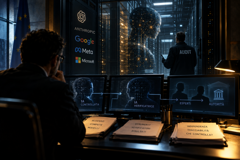 Un auditor osserva un sistema di intelligenza artificiale in un data center mentre altri livelli di controllo collegano IA, esperti e autorità