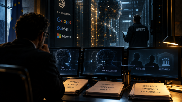 Un auditor osserva un sistema di intelligenza artificiale in un data center mentre altri livelli di controllo collegano IA, esperti e autorità