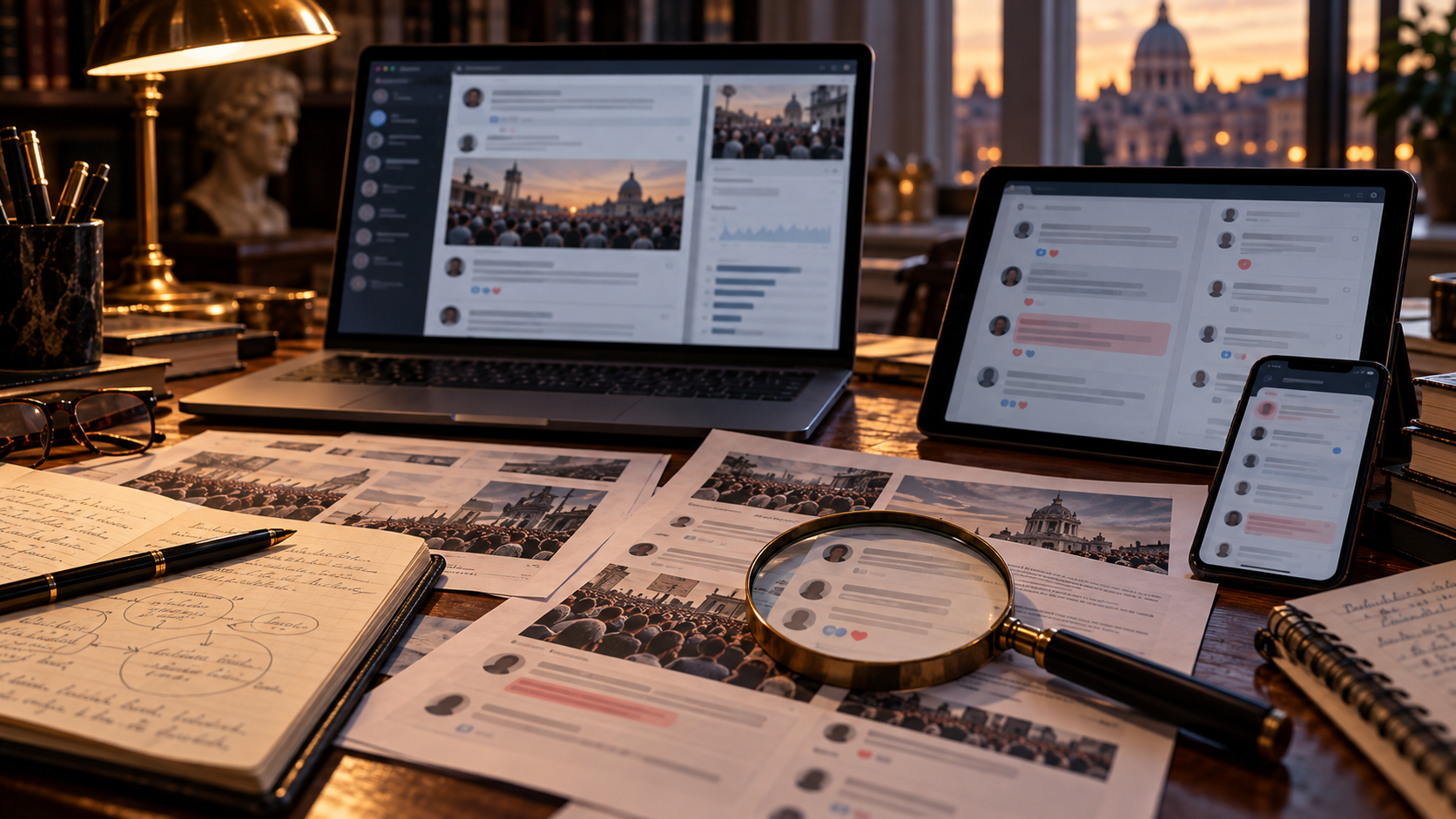 Documenti e discussioni sui social osservati attraverso una lente, in un ambiente di studio con diversi dispositivi digitali