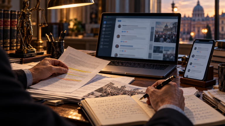Documenti giuridici esaminati su una scrivania accanto a un computer con dibattito sui social e una raffigurazione della giustizia