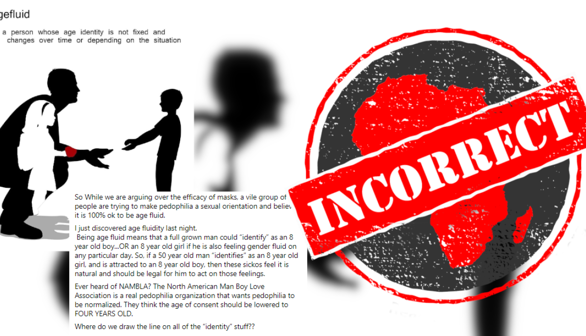 Collage sulla narrativa falsa Clovergender e age-fluid, contrassegnato dal timbro Incorrect.