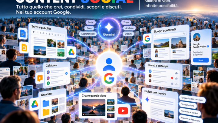 Illustrazione concettuale e ipotetica di un Content Social Google: account collegati a strumenti di scrittura, collaborazione, ricerca, video e Gemini.