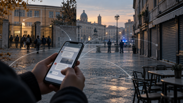 Una persona consulta una chat sullo smartphone davanti a una piazza presidiata, tra scuole e negozi chiusi; rappresentazione simbolica di un falso allarme digitale.