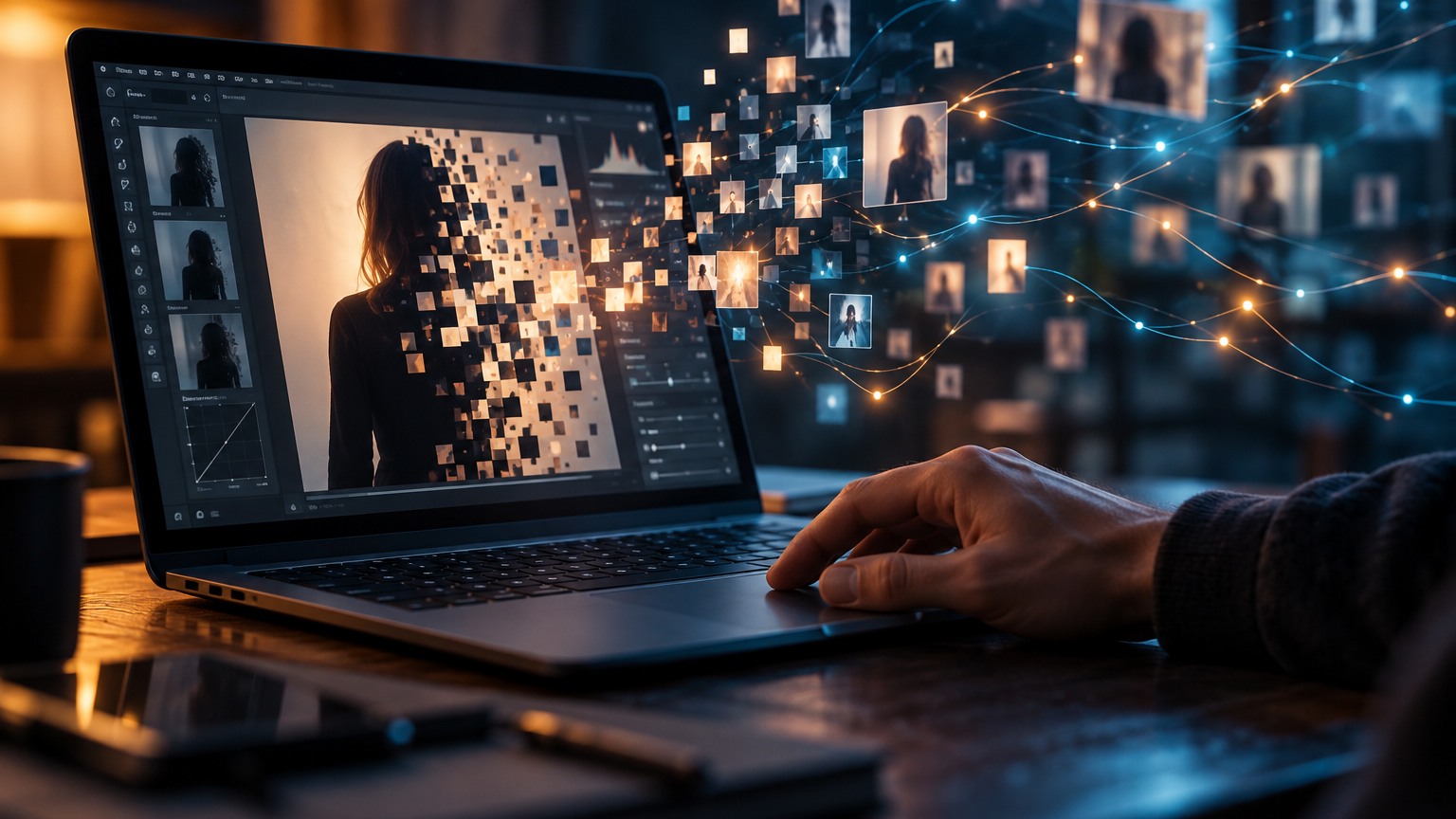 Una mano utilizza un computer mentre un ritratto digitale viene modificato e diffuso attraverso una rete di immagini