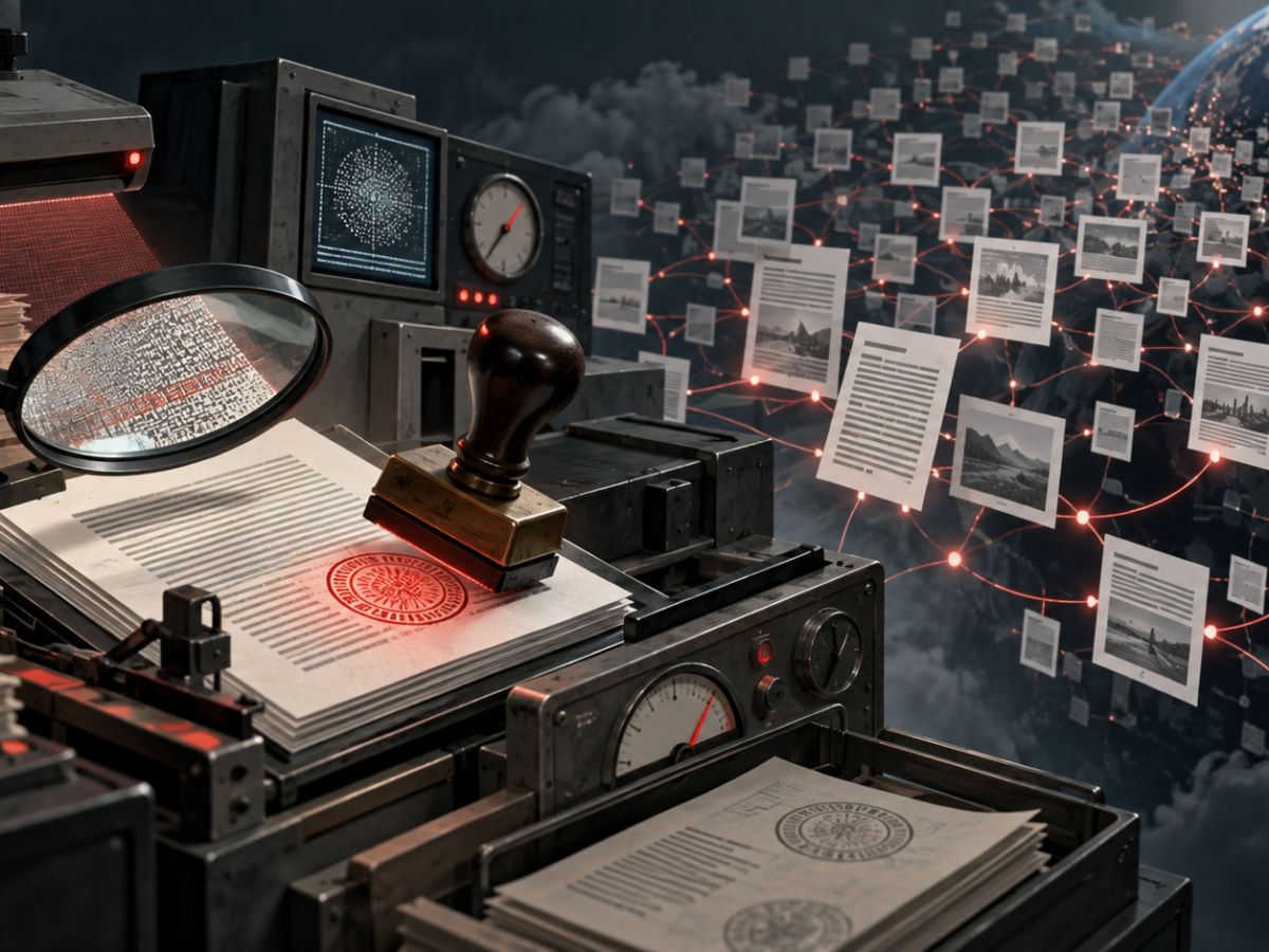 Macchinari e timbri di certificazione applicano sigilli a documenti mentre copie dei contenuti circolano in una rete digitale globale