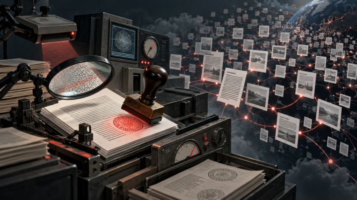 Macchinari e timbri di certificazione applicano sigilli a documenti mentre copie dei contenuti circolano in una rete digitale globale
