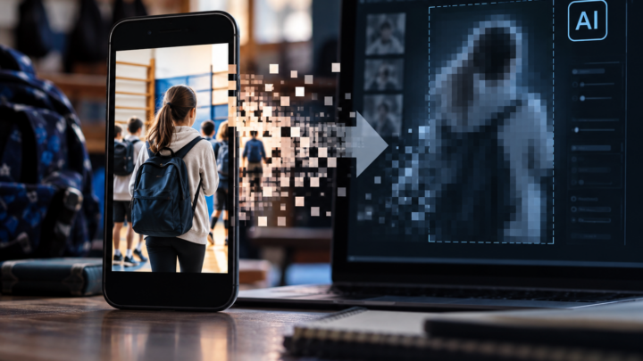 Fotografia ordinaria di una studentessa vista di spalle che viene trasformata digitalmente da un sistema di intelligenza artificiale