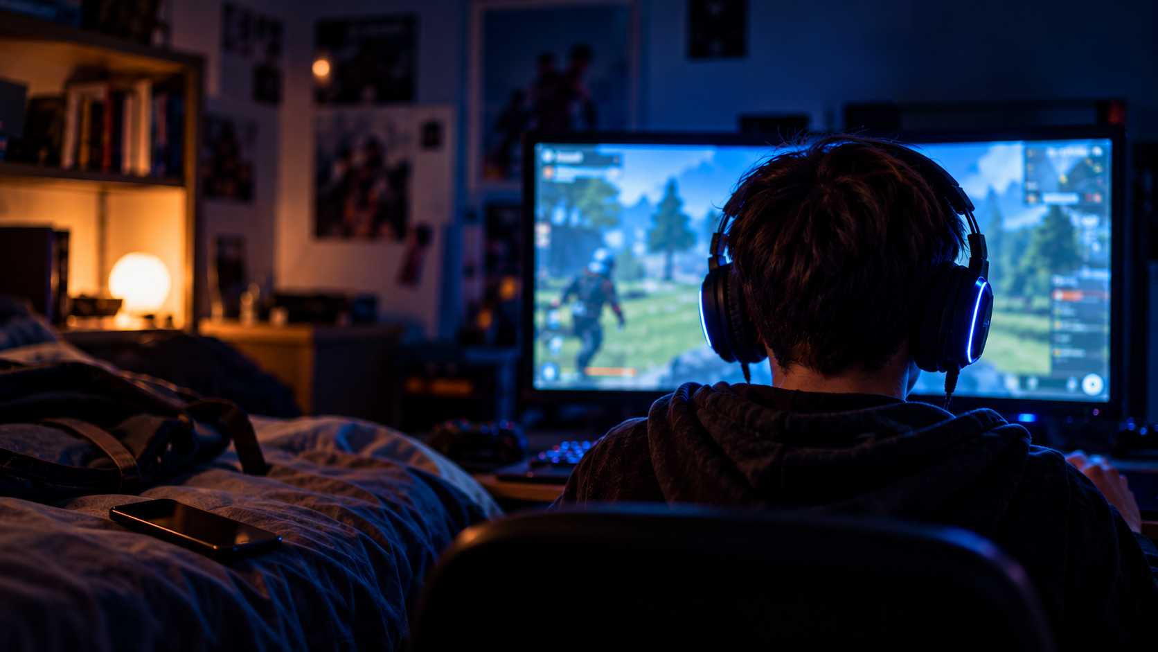 Ragazzo di spalle davanti a un videogioco online in una stanza illuminata dallo schermo