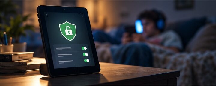 Dispositivo con schermata di protezione mentre un ragazzo usa uno smartphone sullo sfondo