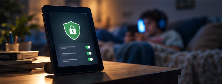 Dispositivo con schermata di protezione mentre un ragazzo usa uno smartphone sullo sfondo