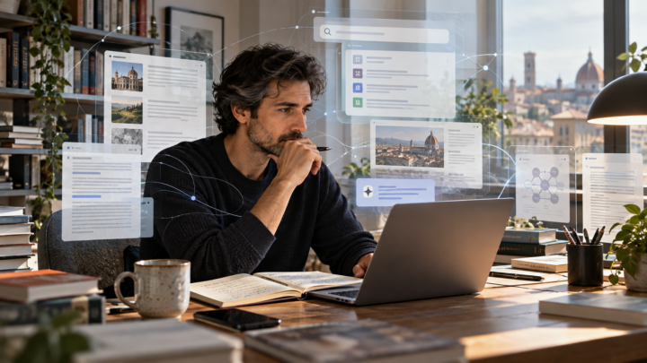 Persona che scrive e riflette al computer in un ambiente di lavoro nel quale strumenti e interfacce di intelligenza artificiale sono integrati nella quotidianità