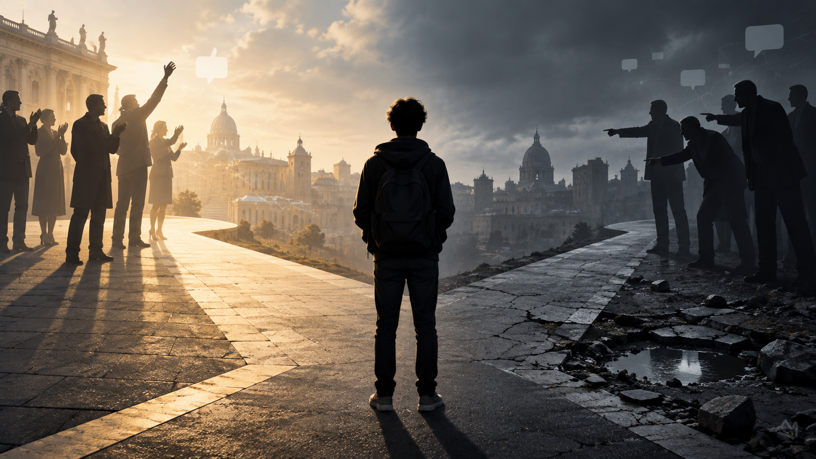 Un giovane visto di spalle tra adulti che applaudono e adulti che lo accusano, simbolo della responsabilità educativa condivisa
