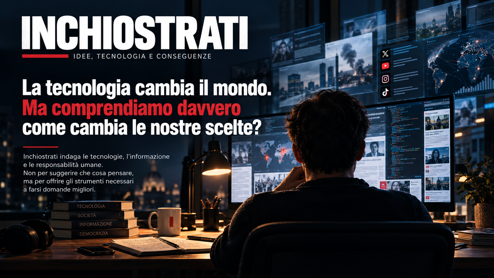 Inchiostrati. La tecnologia cambia il mondo. Ma comprendiamo davvero come cambia le nostre scelte? Una persona osserva notizie e contenuti digitali.