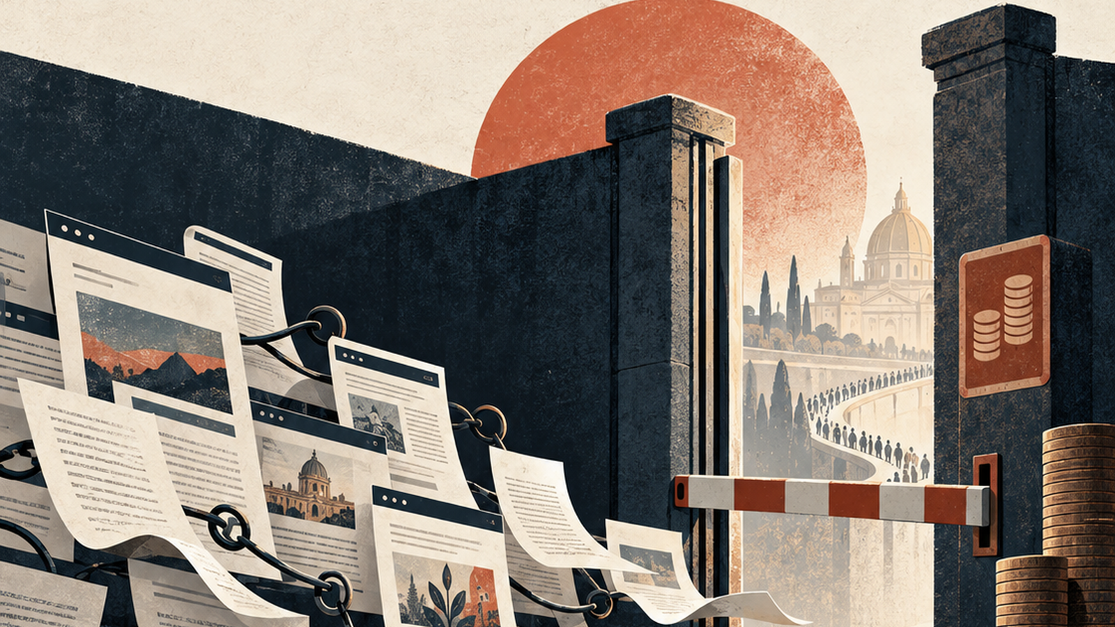 Articoli e pagine web trattenuti da una barriera a pagamento, con lettori sullo sfondo