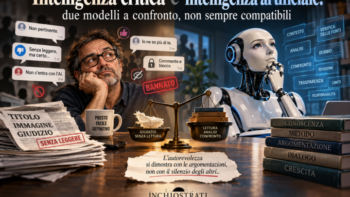 Confronto visivo tra giudizi affrettati di un uomo e analisi e verifica rappresentate da un robot