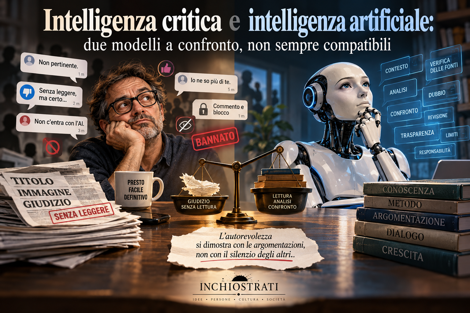 Confronto visivo tra giudizi affrettati di un uomo e analisi e verifica rappresentate da un robot