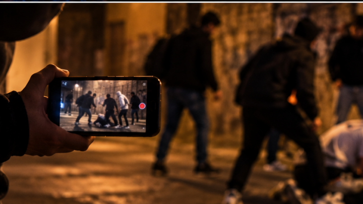 Una persona riprende con lo smartphone un gruppo di giovani in una strada notturna