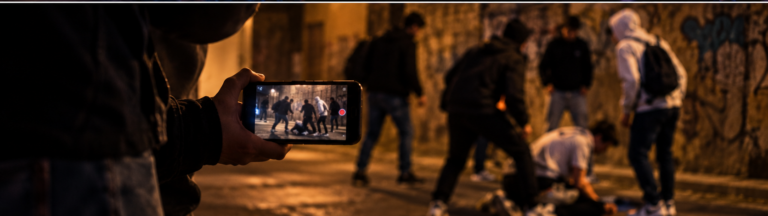 Una persona riprende con lo smartphone un gruppo di giovani in una strada notturna