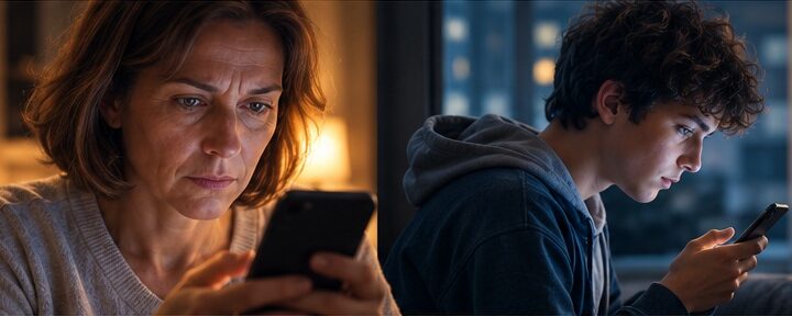 Madre e ragazzo osservano separatamente i propri smartphone nello stesso ambiente domestico