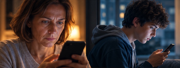 Madre e ragazzo osservano separatamente i propri smartphone nello stesso ambiente domestico