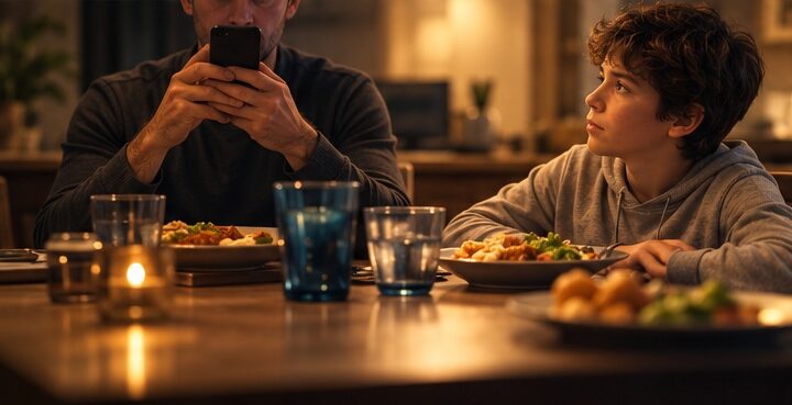 Genitore guarda lo smartphone a tavola mentre il figlio lo osserva