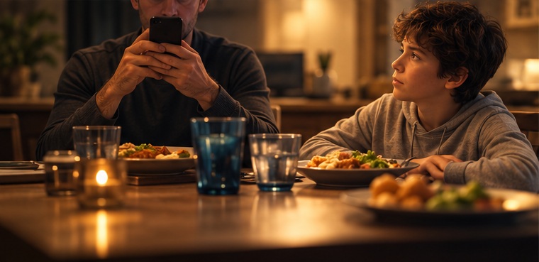 Genitore guarda lo smartphone a tavola mentre il figlio lo osserva