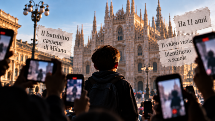 Illustrazione simbolica con il Duomo di Milano, una figura infantile anonima vista di spalle, smartphone e cartelli che richiamano i titoli dei media.