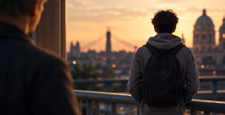 Ragazzo con zaino guarda la città al tramonto mentre un adulto resta indietro