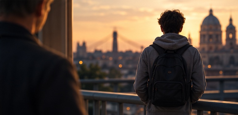Ragazzo con zaino guarda la città al tramonto mentre un adulto resta indietro