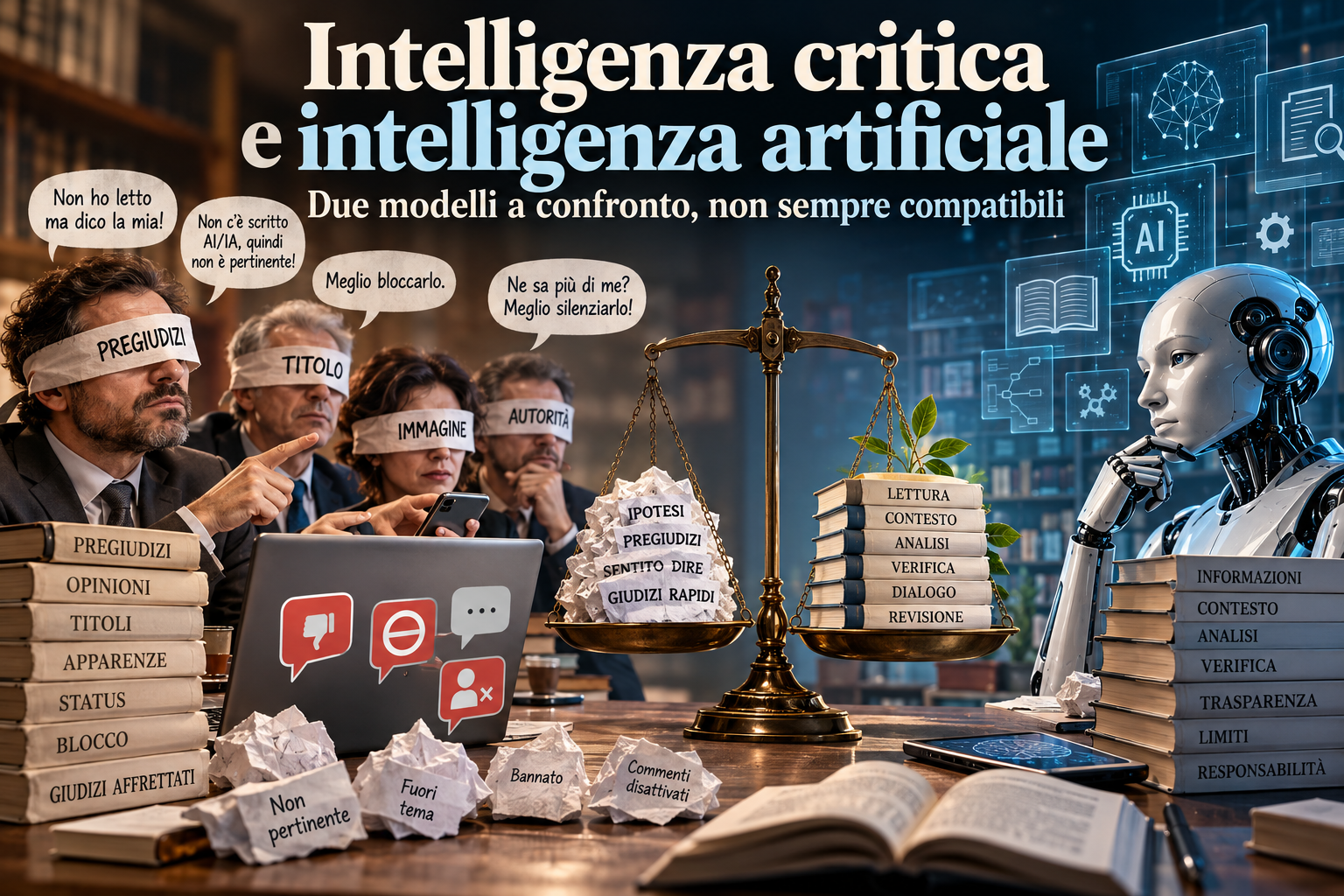 Persone bendate da pregiudizi, titoli e immagini contrapposte a libri, analisi e verifica