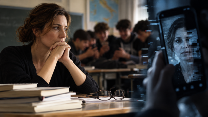 Insegnante pensierosa in un'aula, studenti con smartphone sullo sfondo e un'immagine del suo volto alterata digitalmente su uno schermo.