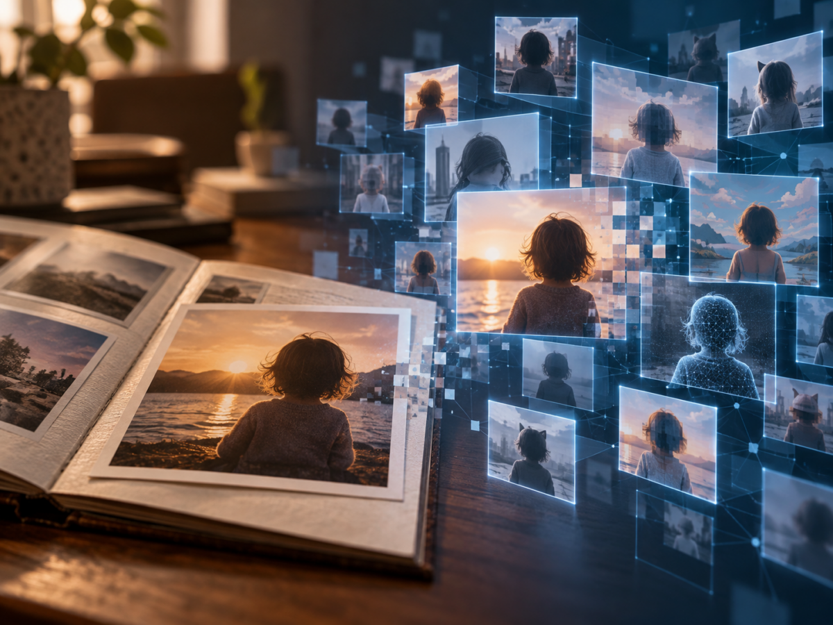 Un album fotografico di famiglia si trasforma in una rete di immagini digitali replicate e alterate, con la figura di un bambino vista di spalle