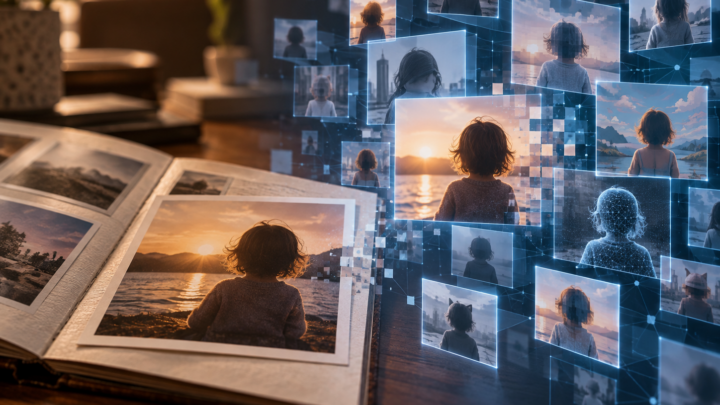 Un album fotografico di famiglia si trasforma in una rete di immagini digitali replicate e alterate, con la figura di un bambino vista di spalle