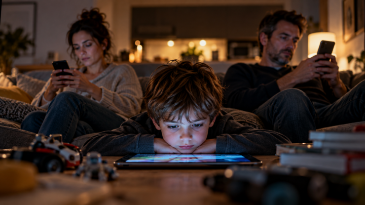 Bambino davanti a un tablet mentre i genitori, seduti sul divano, guardano ciascuno il proprio smartphone